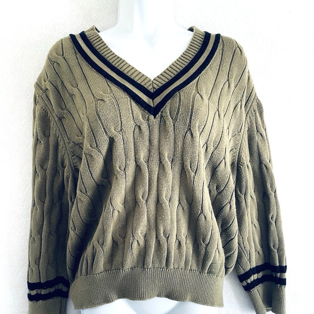 DKNY Sport Cricket Sweater Preppy Light Academia Green Cable Knit L Tenniscore